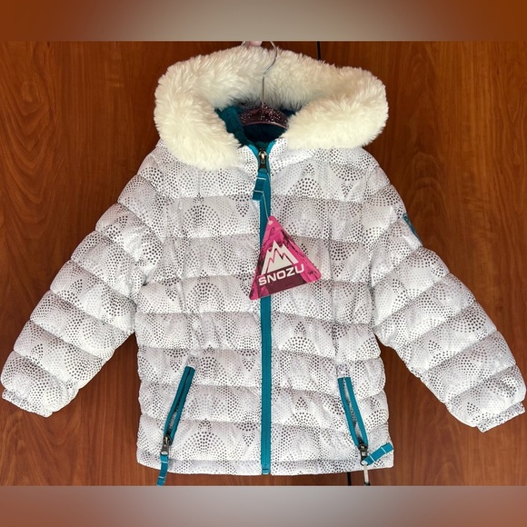 Snozu Other - Snozu - White mosaic warm puffy down Jacket w/Beanie Faux Fur (Size 2t ) NWT